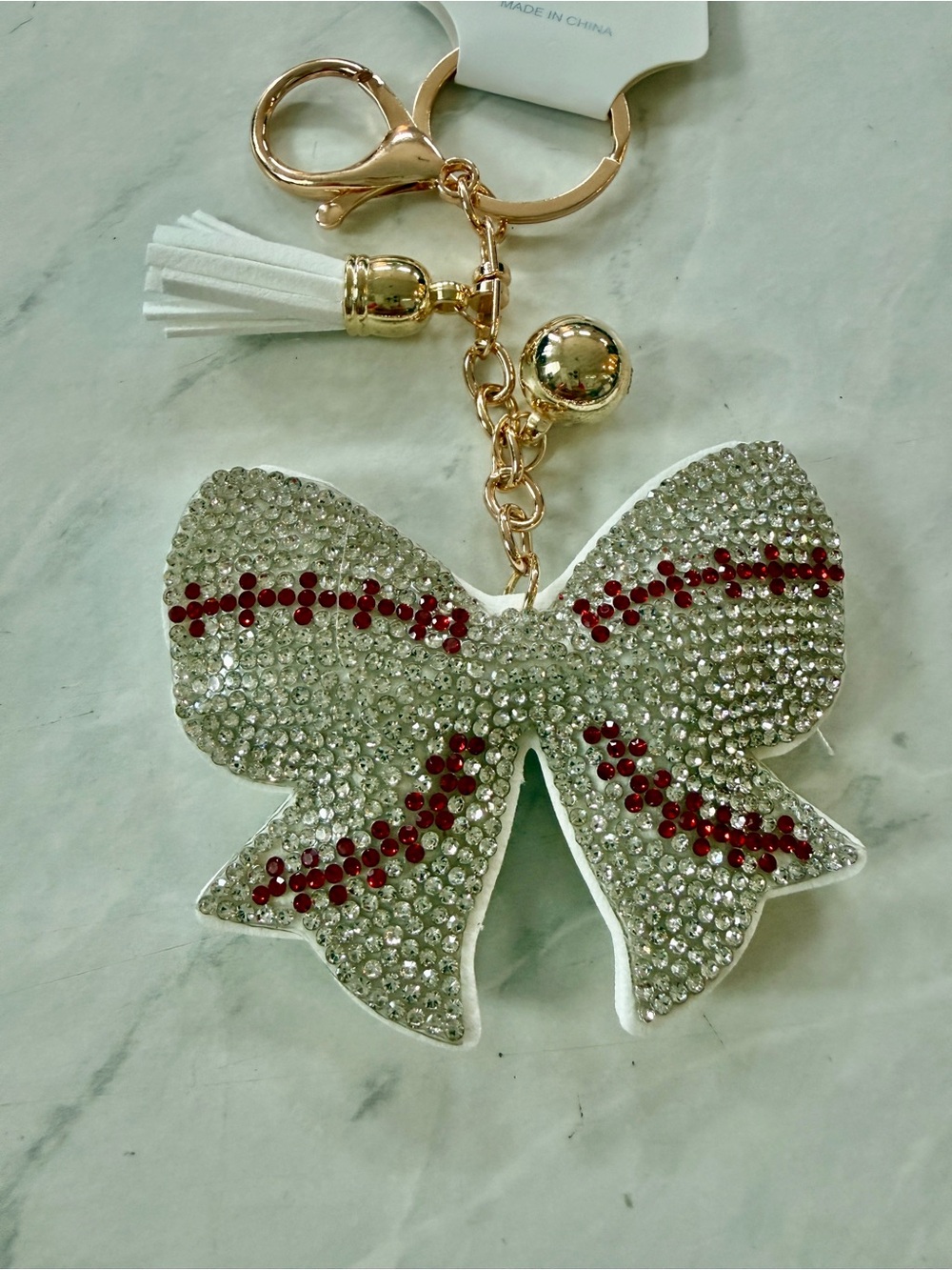 ⚾️ ✨ NWT Rhinestone Bling Baseball Bow Puffy Keychain Bag Charm Tassel ✨ ⚾️ - Picture 2 of 6